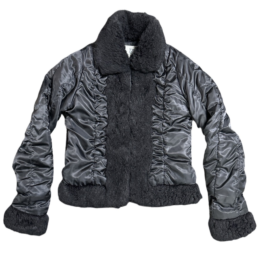 Y2K 725 ORIGINALS women's black shiny fitted rouched jacket with faux fur, L.